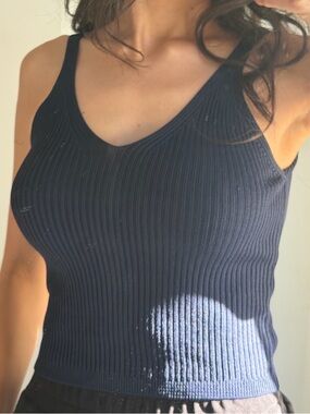 Minimalist Summer Italian Ribbed V-Neck Tank Top Navy Women size S
